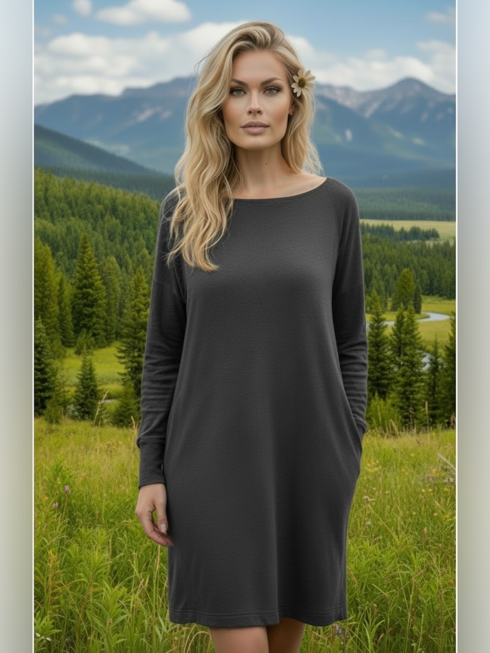 fresh produce Charcoal Long Sleeve Shift Dress